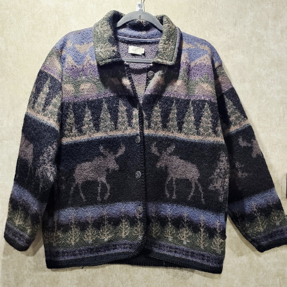 Vtg ALPS Wool Moose Cardigan Sweater Made In USA